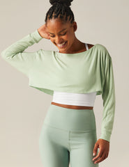green off the shoulder shrug top with keyhole back.