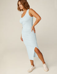 blue v-neck midi dress with a front side slit.