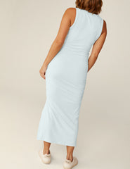 blue v-neck midi dress with a front side slit.