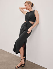 black maxi dress with cutouts at the waist.