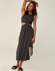 black maxi dress with cutouts at the waist.