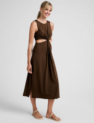 brown midi length tank dress with side slits and cutouts at waist.