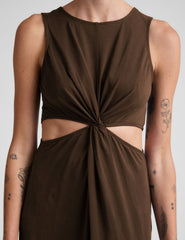 brown midi length tank dress with side slits and cutouts at waist.