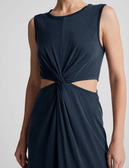 blue midi length thick strap tank dress with cutouts on sides of the waist and side slits on both sides of leg.