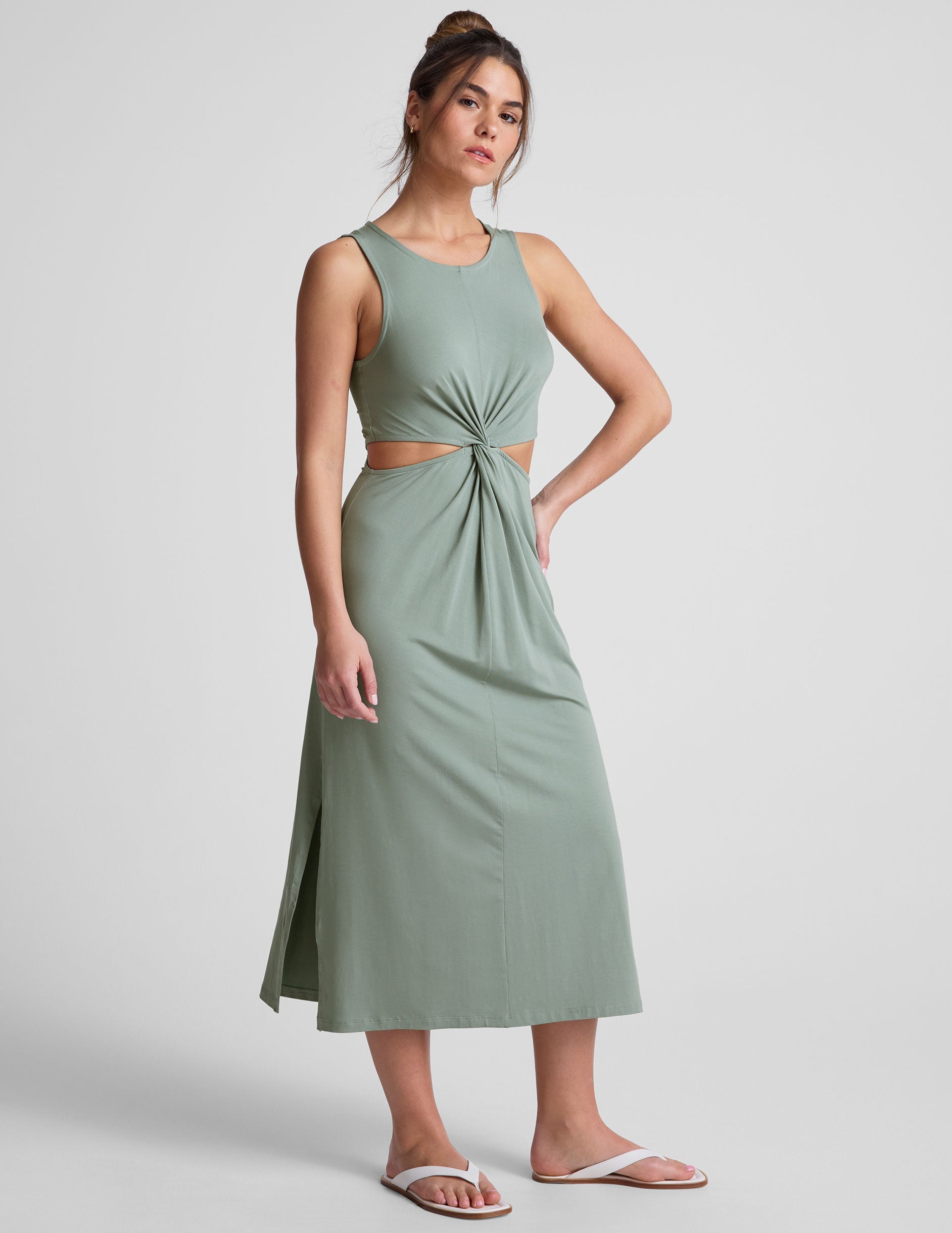 green twist front midi dress