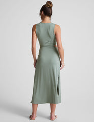 green twist front midi dress