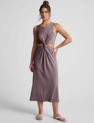 brown twist front midi dress