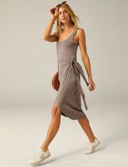 brown wrap tie midi dress