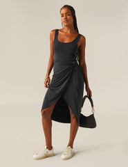 black wrap front midi dress