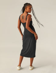 black wrap front midi dress