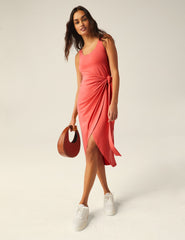 pink wrap front midi dress