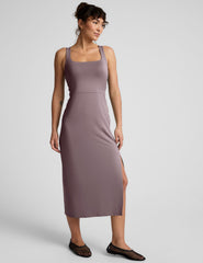 brown square neck midi dress