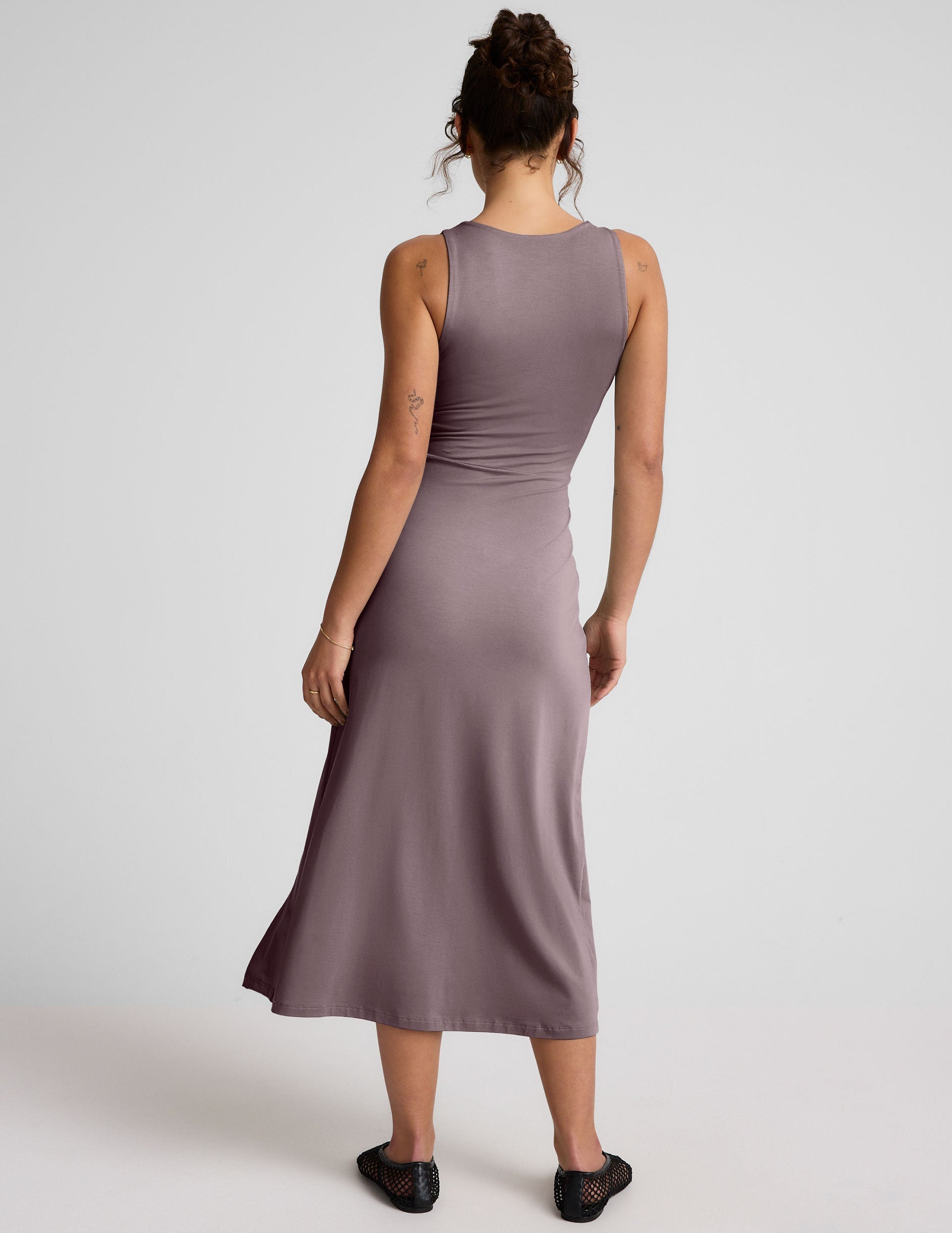 brown square neck midi dress