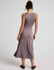 brown square neck midi dress