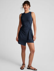 blue dress with tie at waist