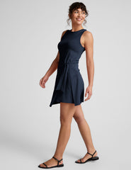 blue dress with tie at waist