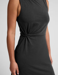 black midi dress with a bateau neck and side twist.