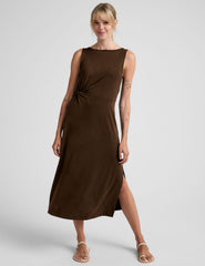 brown midi dress with a bateau neck and side twist.
