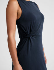 blue midi dress with a bateau neck and side twist.