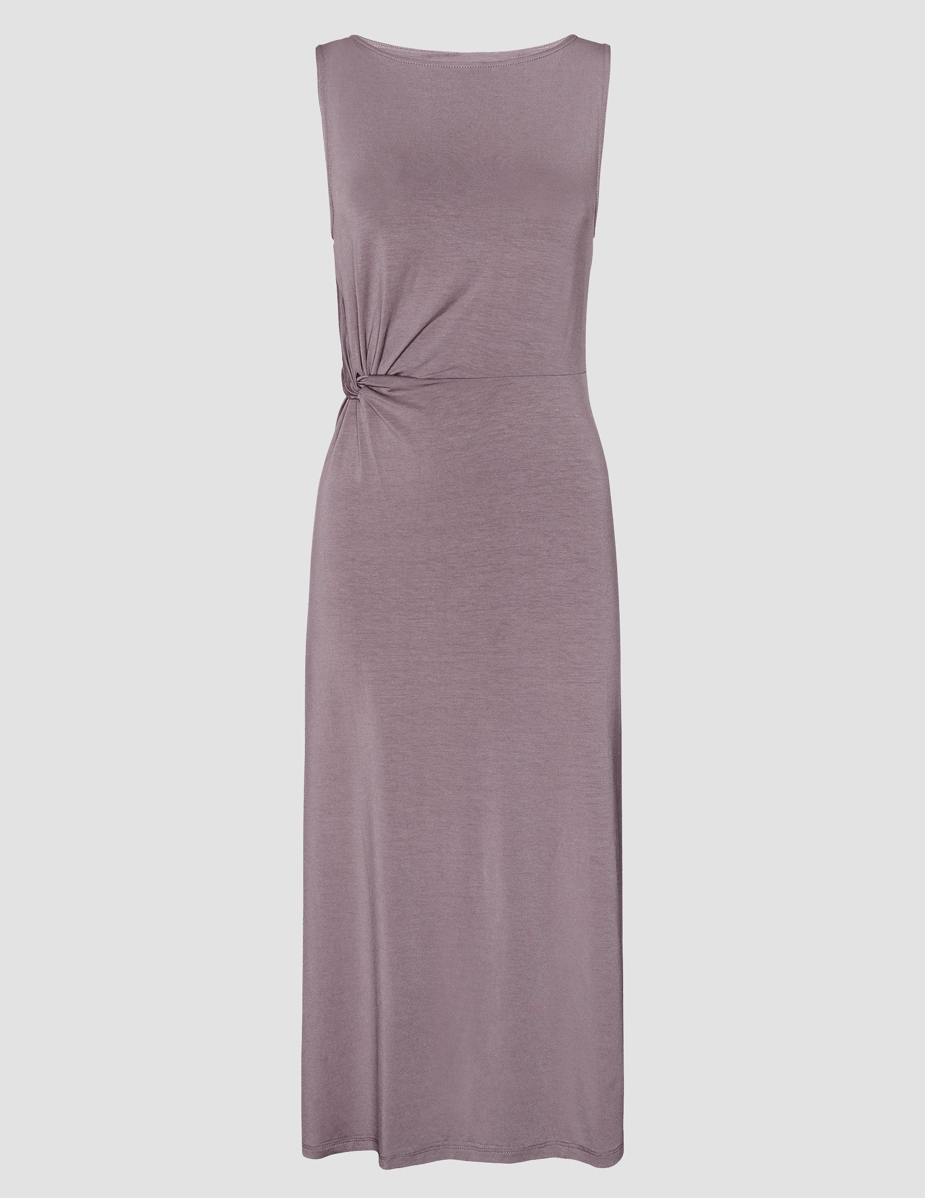 brown midi length dress with a side twist detail and side slit.