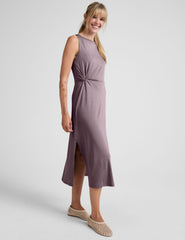 brown midi length dress with a side twist detail and side slit.