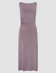 brown midi length dress with a side twist detail and side slit.