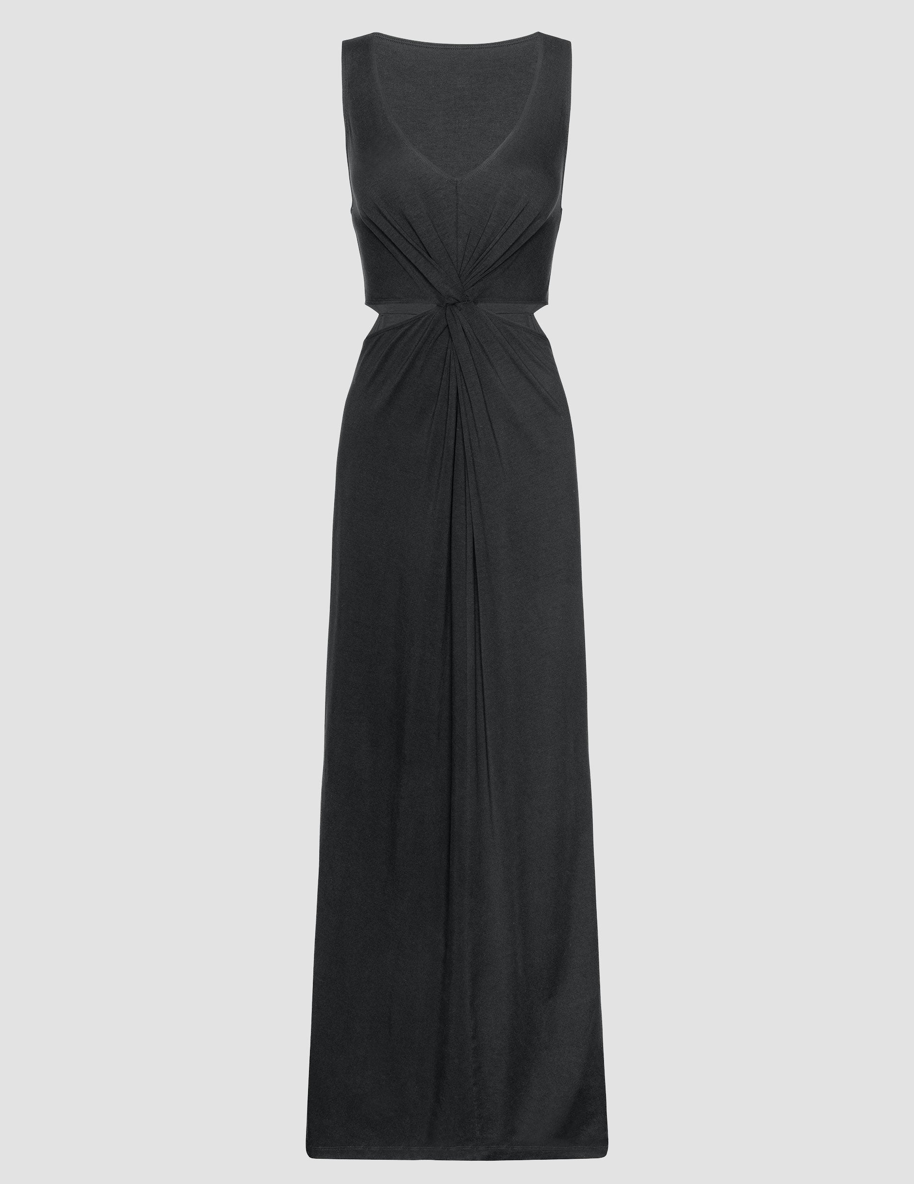 black v-neck maxi tank dress with cutouts at waist.