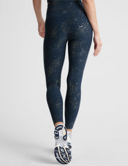 blue high-waisted midi leggings with a star foil print.