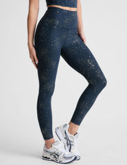 blue high-waisted midi leggings with a star foil print.