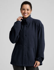 blue fleece button up jacket with a full front zip and snap closures and pockets.