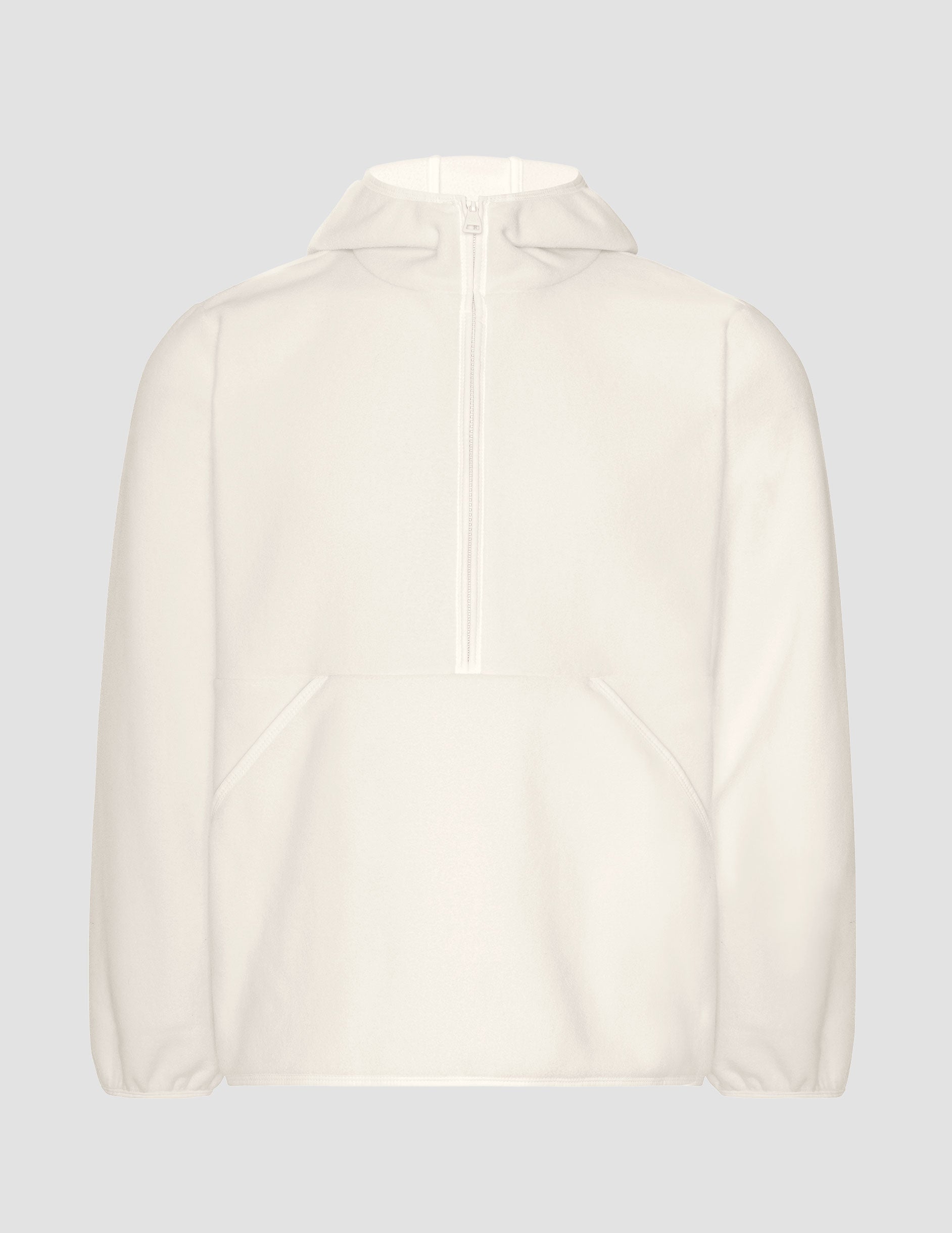 white fleece quarter zip jacket with a kangaroo pocket.