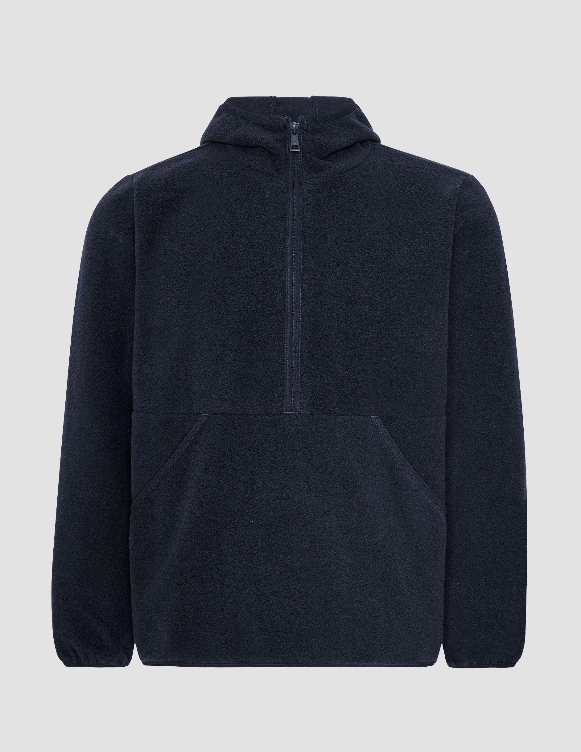 blue fleece quarter zip jacket with a kangaroo pocket.