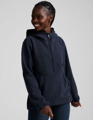blue fleece quarter zip jacket with a kangaroo pocket.