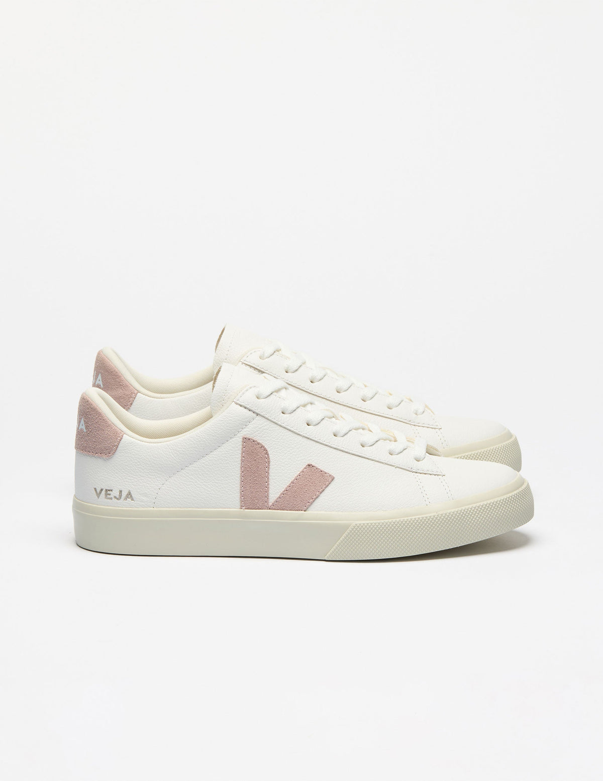 white low top VEJA sneakers with a pink logo detailing.