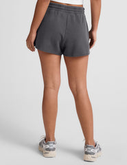 black shorts with patch pockets and a drawstring at waistband.