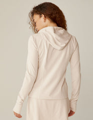 white heather rib zip-up hooded jacket with pockets.