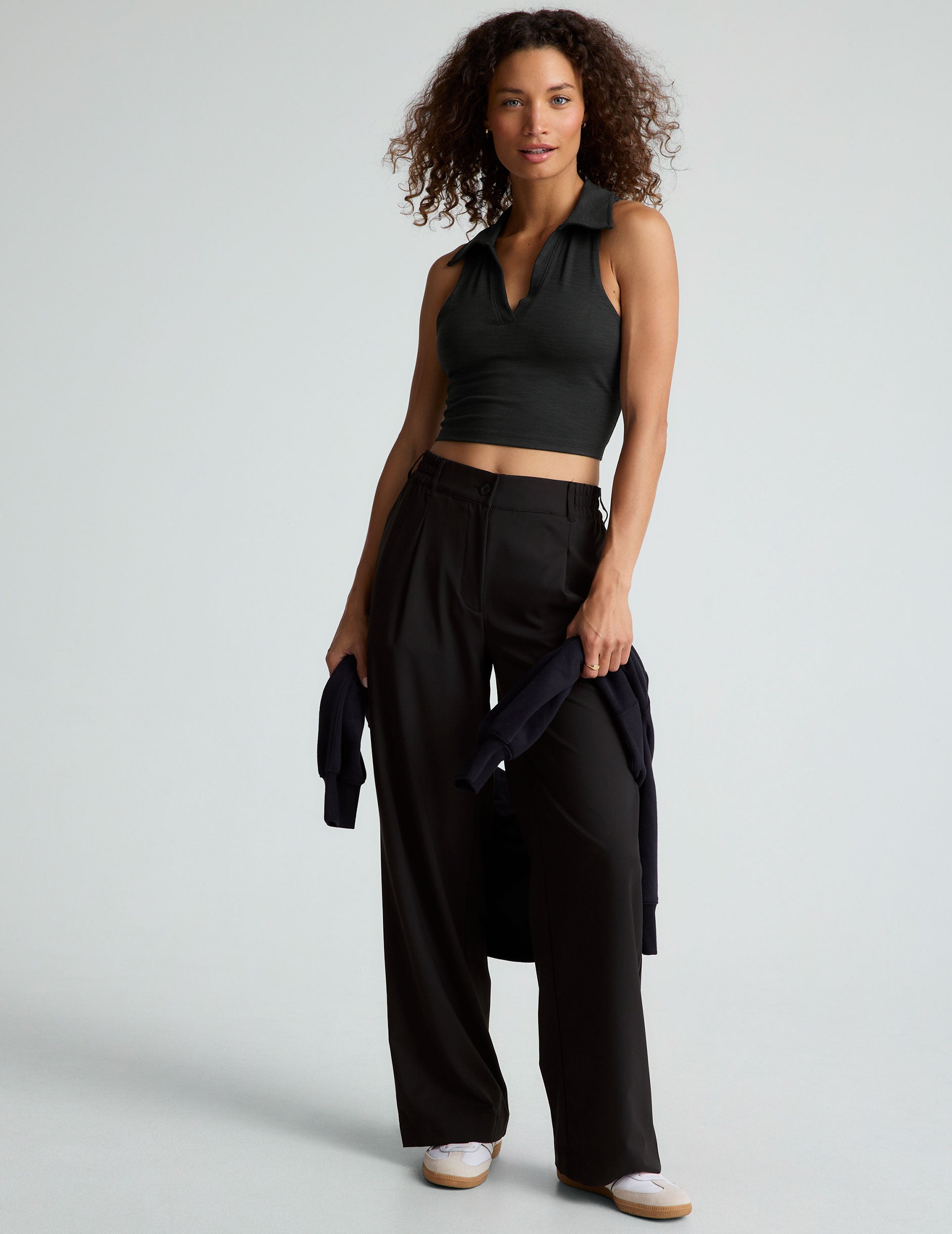 black heather ripped v-neck cropped tank with a collar.