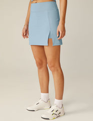 blue heather rib mini skirt with a front slit.