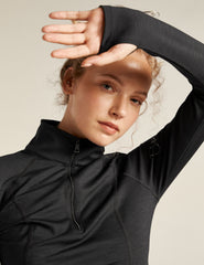 black midi dress with quarter-zup neckline.