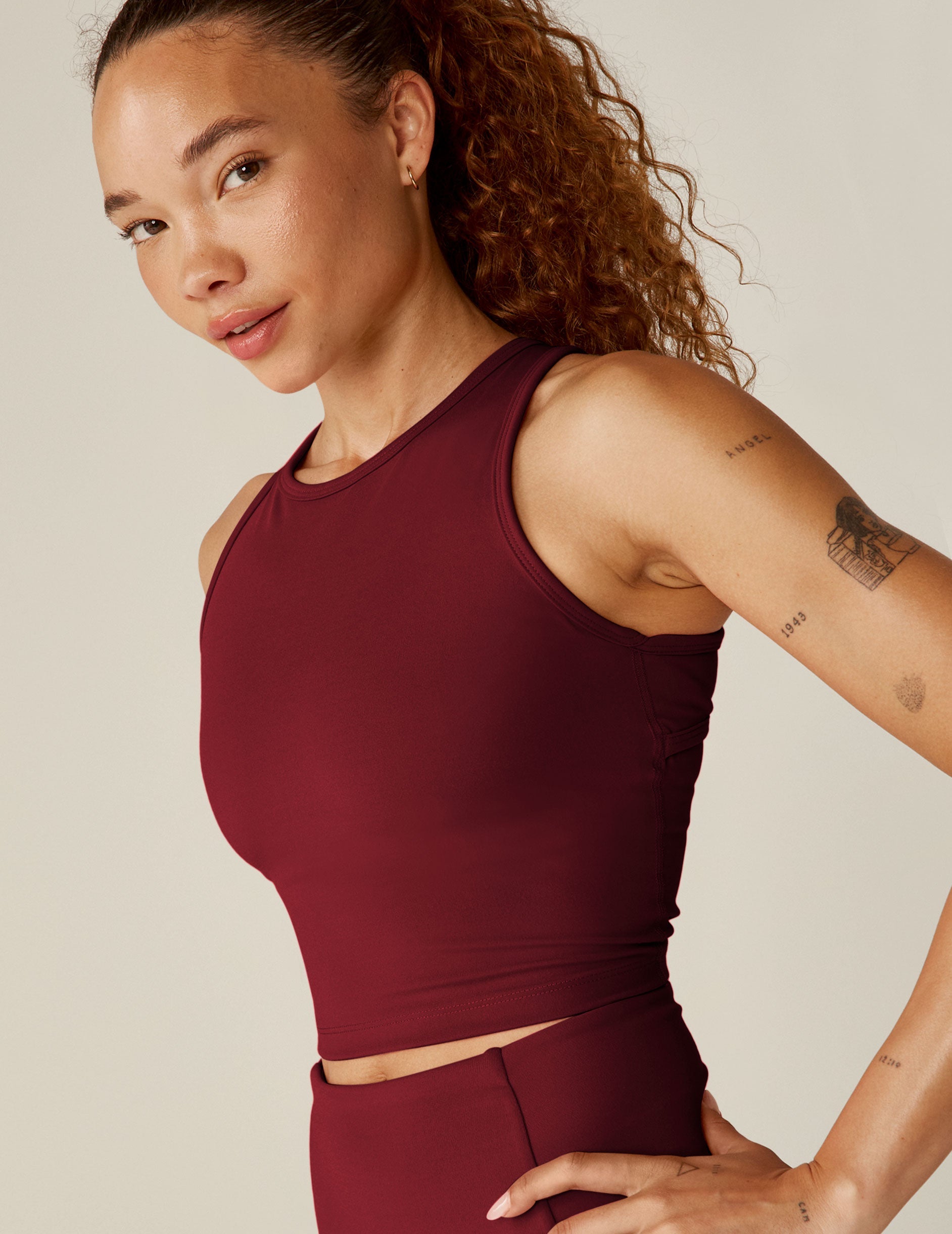 red high-neck racerback powerbeyond cropped tank.