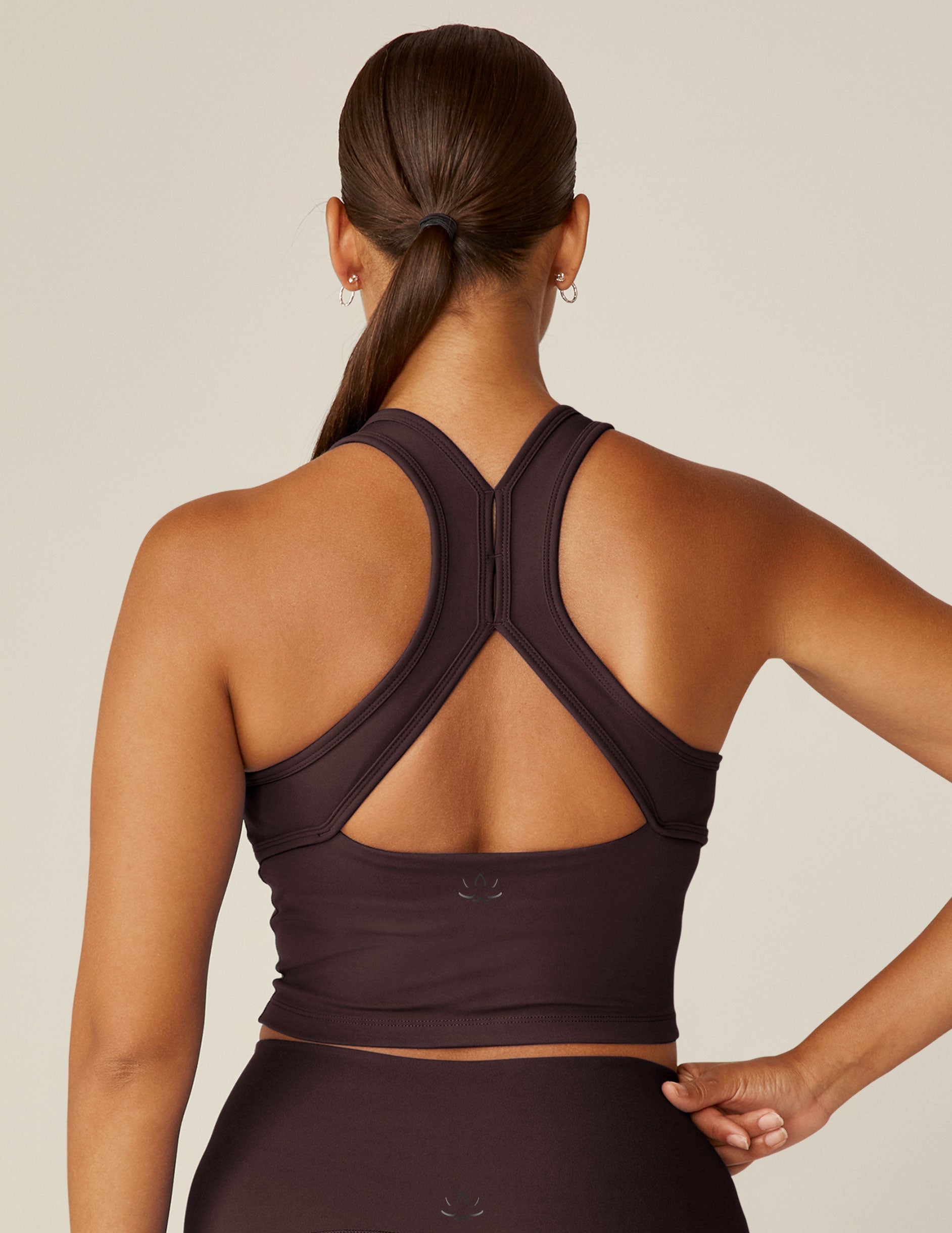 purple high-neck racerback cropped tank top.