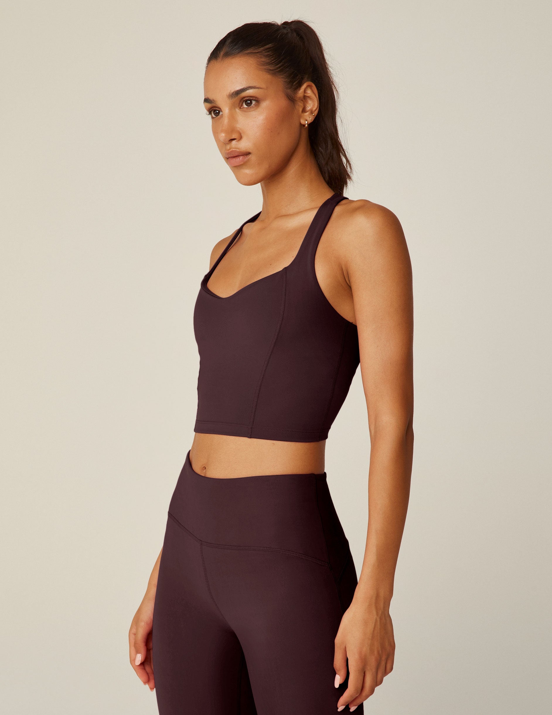 purple racerback cropped tank top with a sweetheart neckline.