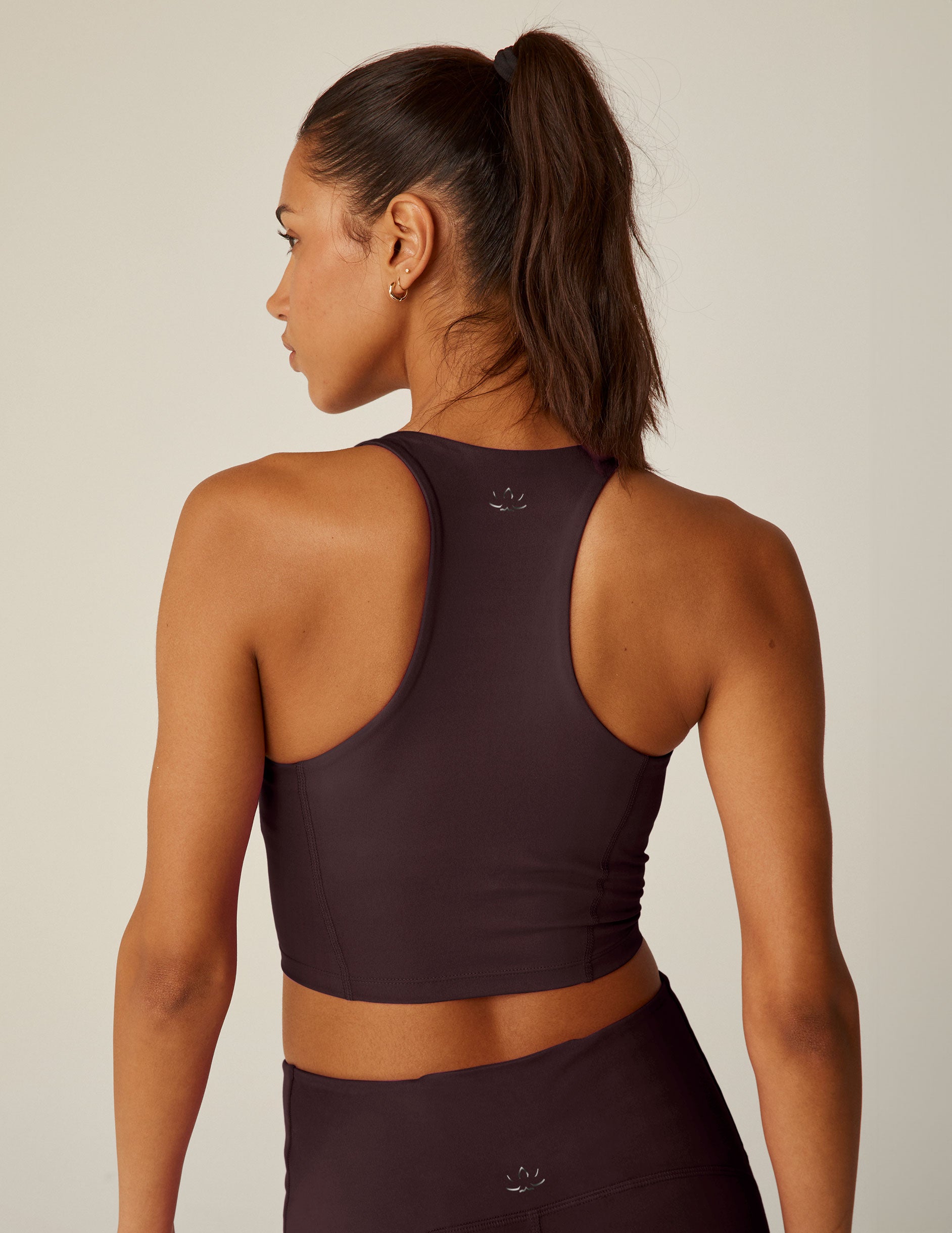 purple racerback cropped tank top with a sweetheart neckline.