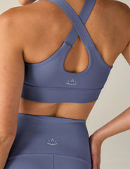 blue long line cross strap racerback bra.