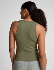 green ribbed slim fit classic length tank with a crew neckline.