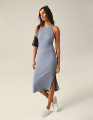 blue midi high-neck tank dress with a front side slit.