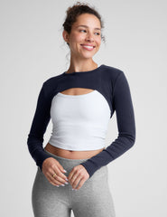 blue ribbed long sleeve shrug top.