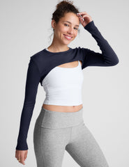 blue ribbed long sleeve shrug top.