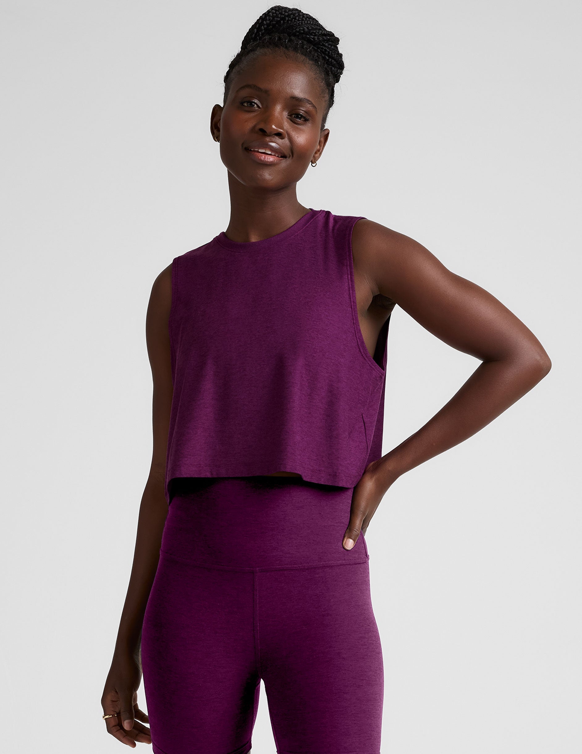 purple loose-fitting cropped scoop neck tank top.