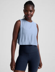 blue relaxed fit cropped tank top with a crew neckline.